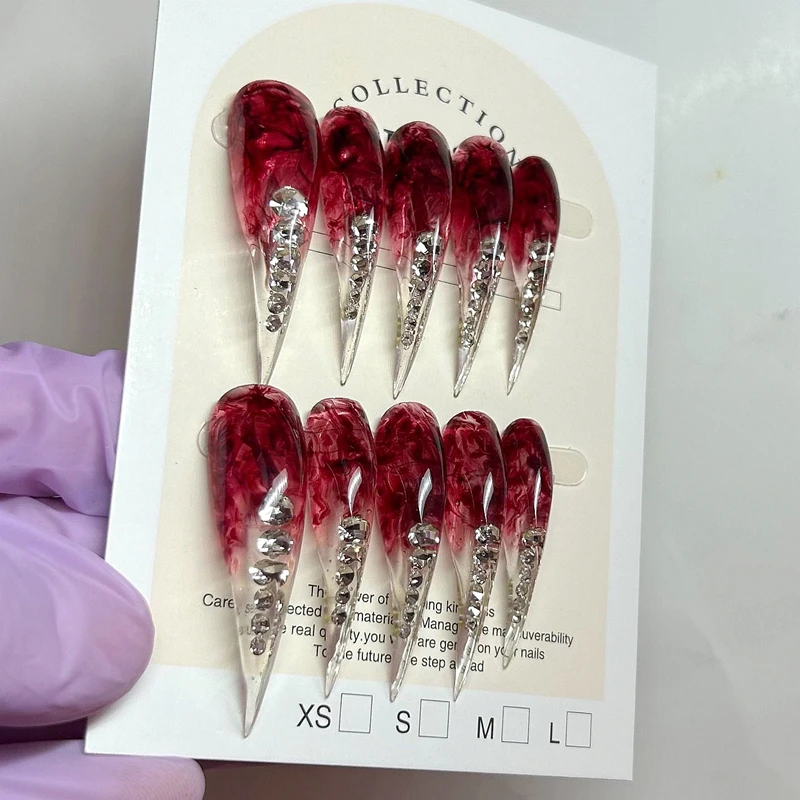 Handmade Long Dragon Shape Claw Press On Nails 10PCS Short Cat Claws Acrylic False Nail Stickers Rhinestone Fake Nail With Glue