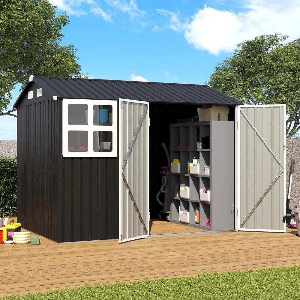 8x6FT Outdoor Storage Shed, Galvanized Steel Metal Garden Shed with Large Window, Lockable Double Do...