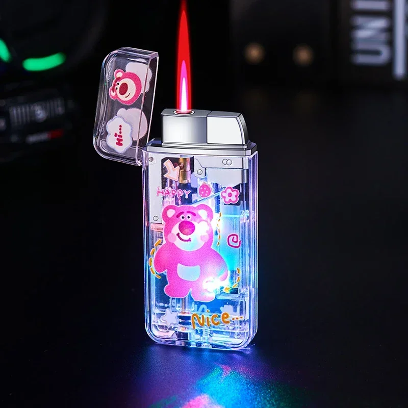 New LED Color Light Transparent Windproof Red Flame Lighter Cartoon Pattern Inflatable Lighter Smoking Accessories Men\'s Gifts