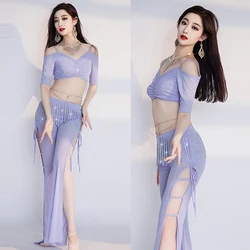 New Belly Dance Training Costume Sexy V-neck Top+Tassel Pants Set Adult Female Oriental Dance Professional Practice Costumes