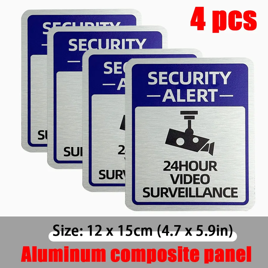 Panneaux d'avertissement de surveillance sur plaque d'aluminium, zone de vidéosurveillance 24 heures à l'intérieur de la plaque d'aluminium réfléchissante, 4 pièces
