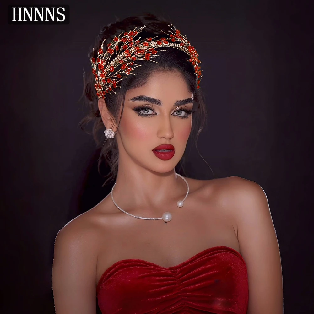 

HNNNS Luxury Bridal Headpiece Red Crystal Headband Handmade Woven Headdress Fashion Wedding Hair Accessories A317