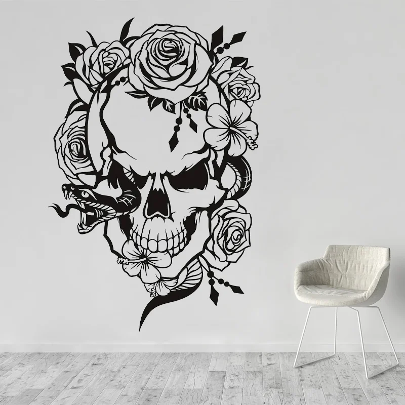 

Creative Design Skull Snake and Flowers Vinyl Wall Sticker Day of The Dead Wicca Tattoo Studio Decor Decals Removable Mural Z581