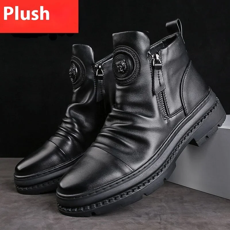 Men's Motorcycle Leather Boots British Style Round Head High Top Shoes Side Zip Walking Casual Platform Boots Moto Street Gear