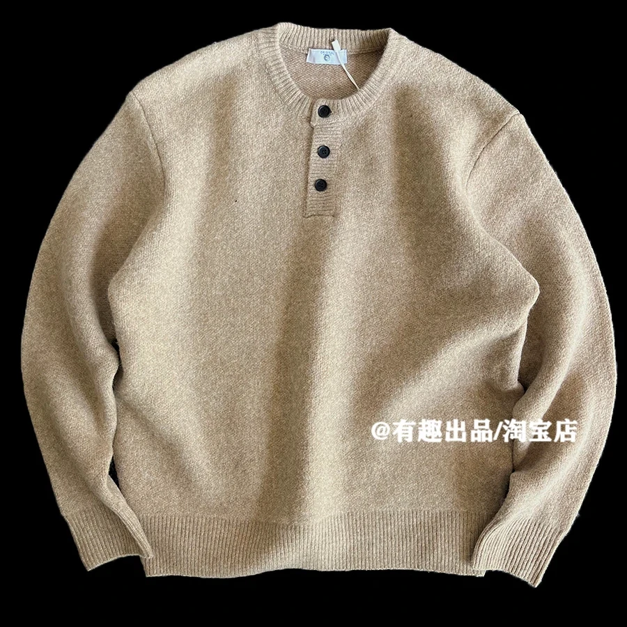 

Тяжелый вязаный шерстяной свитер, американский винтажный пуловер с вырезом Генри и мягкой текстурой, городской стиль свободного кроя на осень/зиму