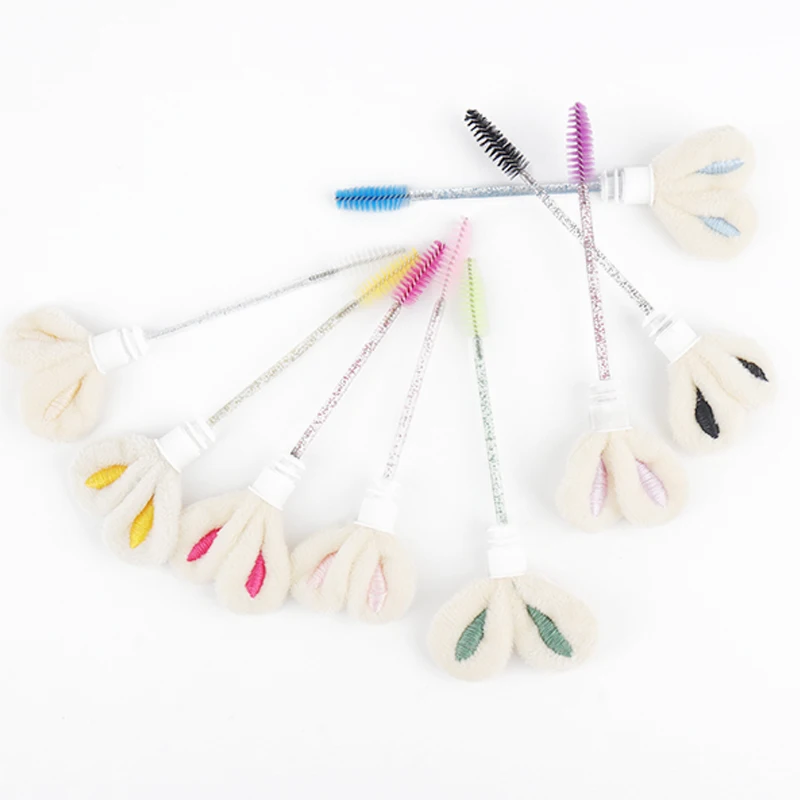 10Pcs Rabbit Ear Tube Disposable Lash Spoolie Brushes Glitter Crystal Handle Mascara Wands Portable Eyelash Brow Grooming Tools