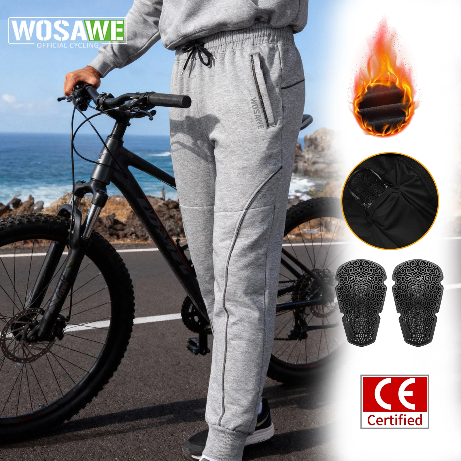 

WOSAWE Warm Bicycle Pants Men Fleece Winter Cycling Pants Stretch Casual Sports Bike Sweatpants with Removable CE Knee Pads