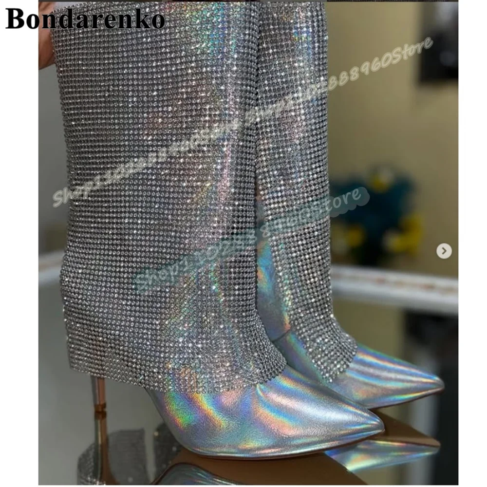 รองเท้าบูทหุ้มข้อกลางสีเงินประดับคริสตัลแบบพับได้ ส้นสูงบาง สำหรับผู้หญิง ซิปด้านข้าง หัวแหลม ดีไซน์ทันสมัย เหมาะสำหรับงานปาร์ตี้
