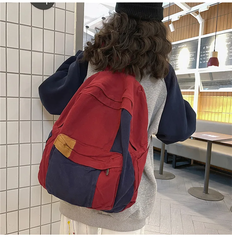Contrast Color Block Canvas Backpack Large Capacity Casual School Travel Rucksack for Student Daily Use