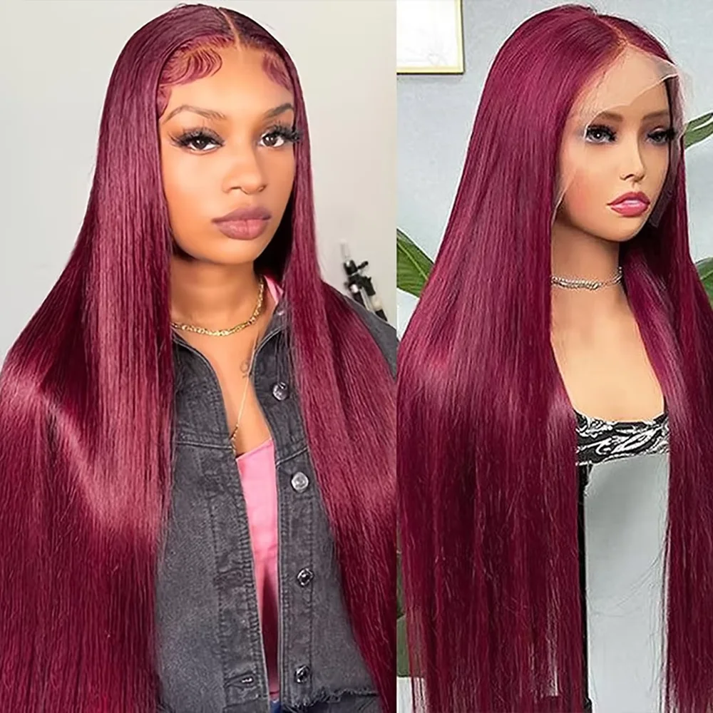 

Burgundy HD Lace Frontal Human Hair Wig Bone Straight Red 13x6 Lace Front Human Hair Wigs 99J Colored 220% Human Hair Wig