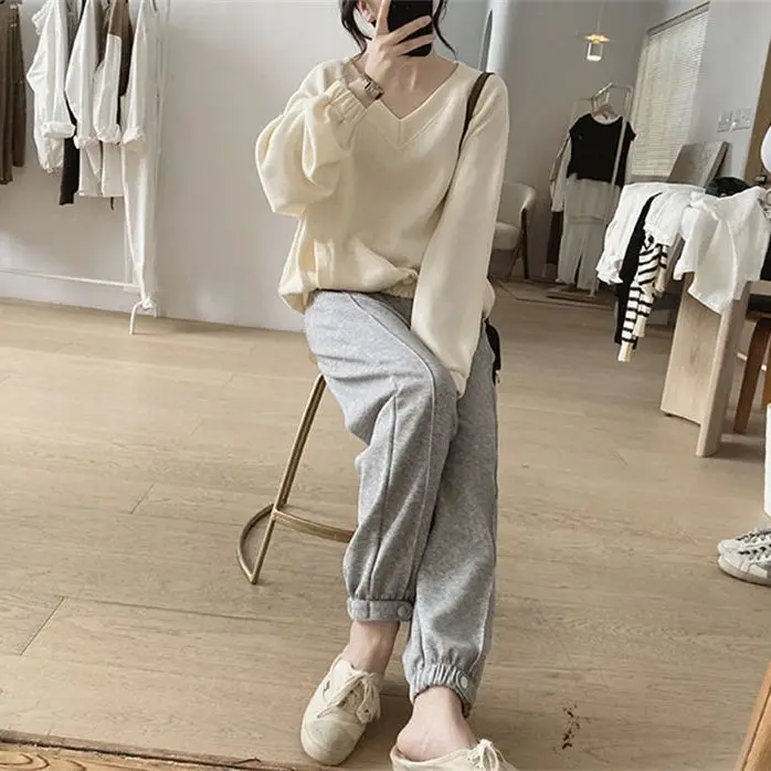 Korean Version New Temperament Commuting Women\'s Clothing Splice Pockets V-neck Long Sleeved Simplicity Solid Color Sweatshirts