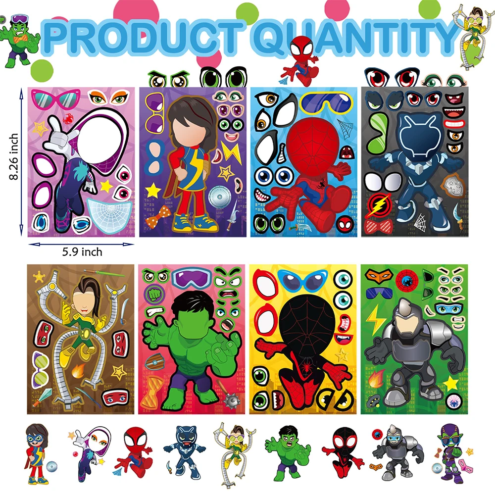 9/18Sheets Disney Spiderman and His Amazing Friends Puzzle Stickers Make-a-Face Game For Kids DIY Children Assemble Jigsaw Toys