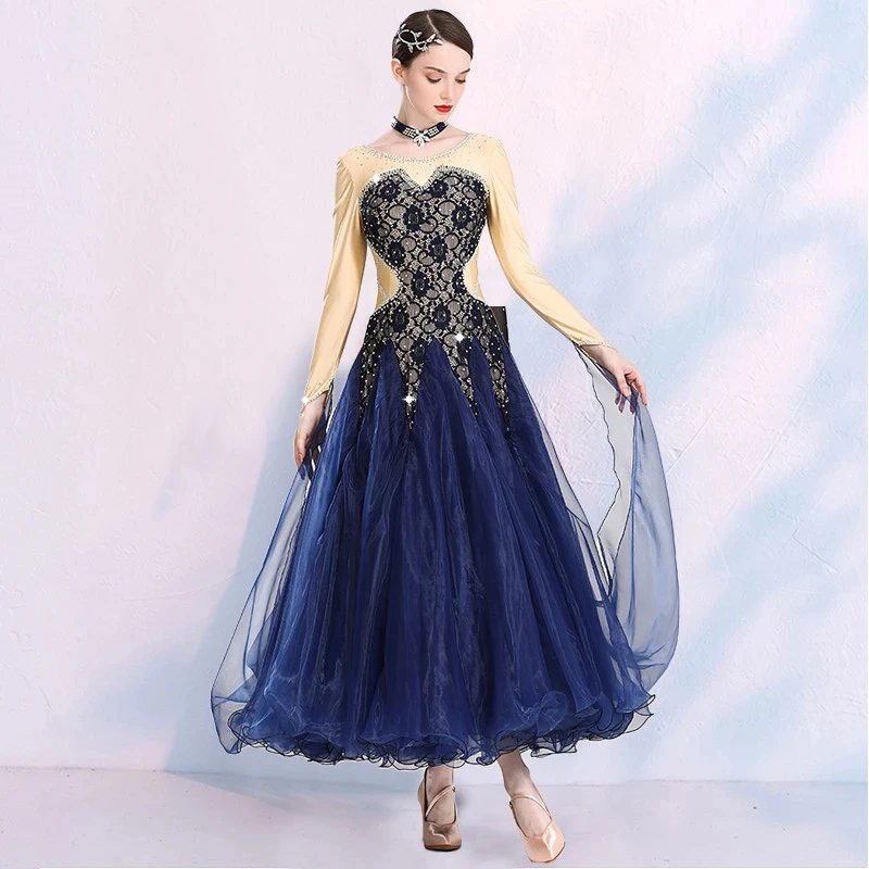 Plus Size Lace Spliced Boat Neck Long Sleeves Women Ballroom Dance Competition Dress Waltz Tango Dress Waltz Dance Clothes