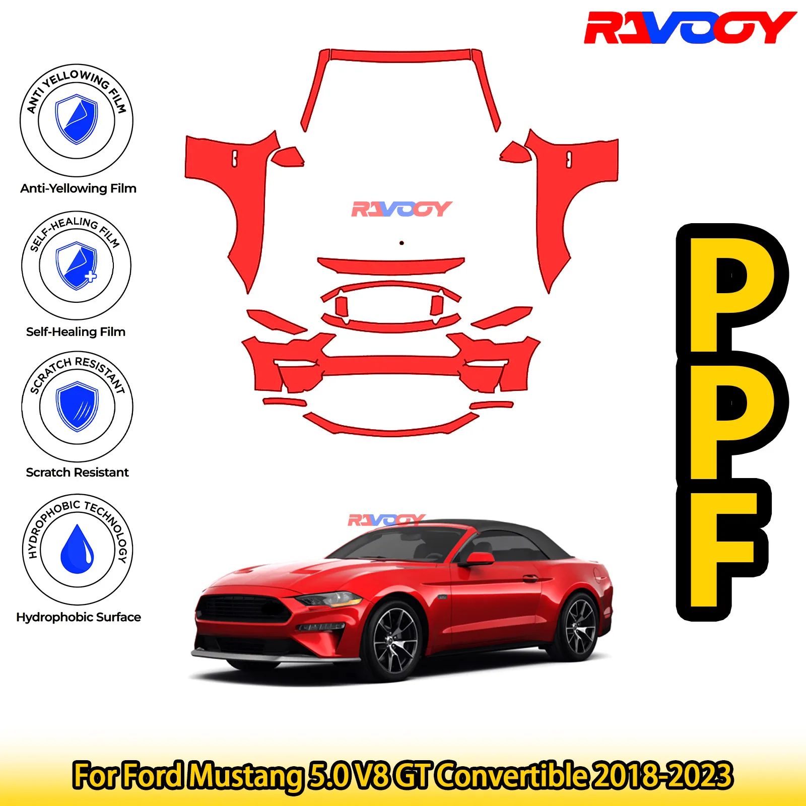 

Для Ford Mustang 5.0 V8 GT Convertible 2018-2023 глянцевый матовый черный предварительно вырезанный передний комплект PPF защитная пленка для краски