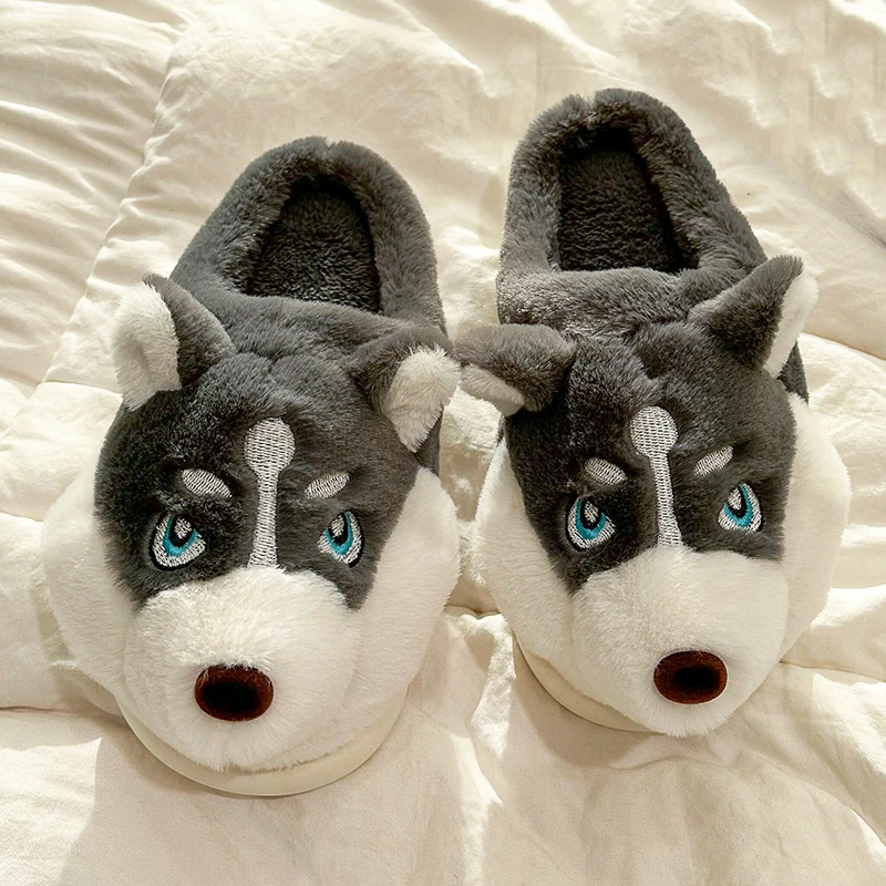 Winter Men Women Slippers Funny Siberian Husky Slides Warm Furry Slippers Fluffy Indoor Home Cotton Shoes Plush Clogs Loafers