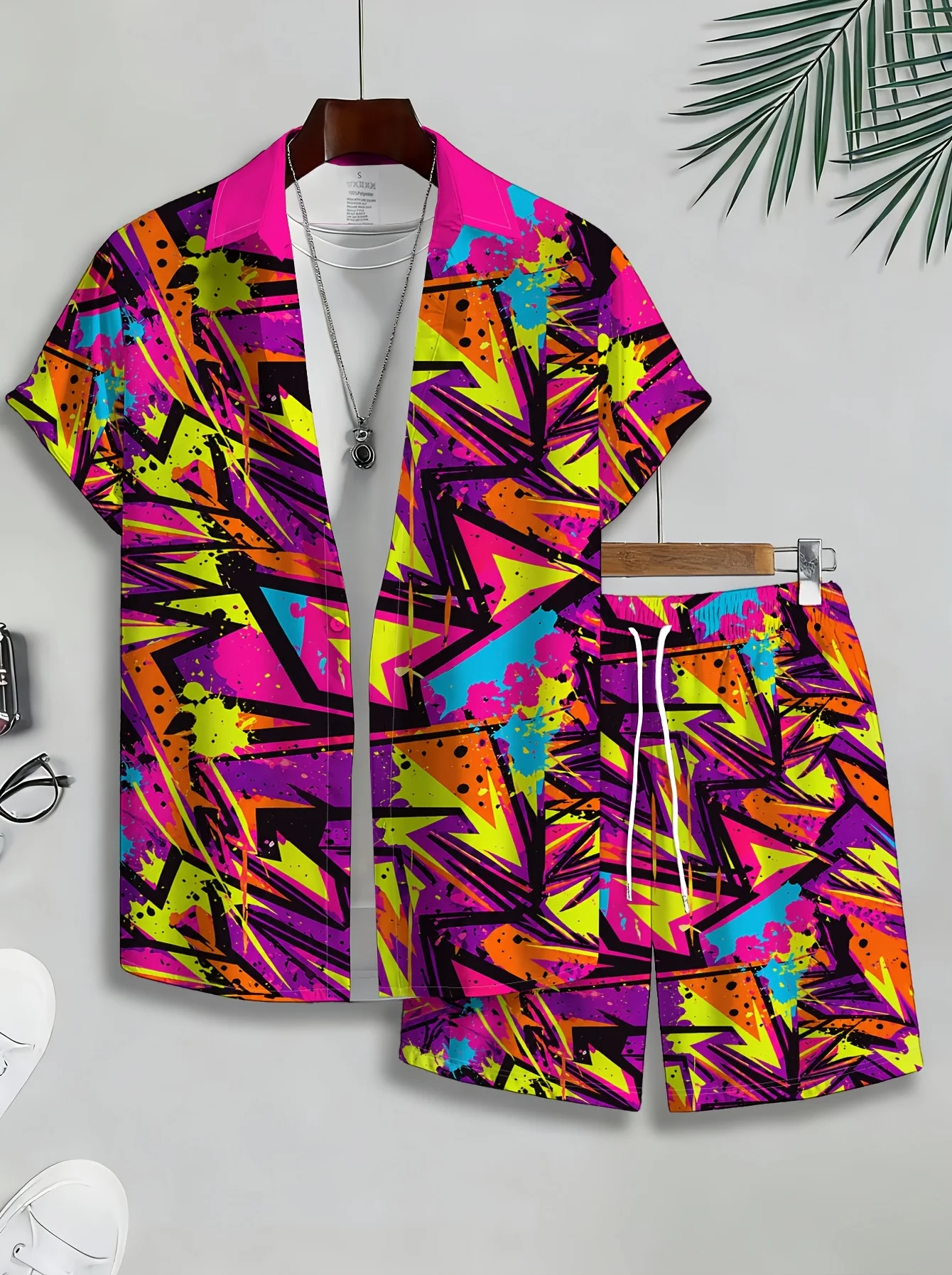 Men Loose Two‑Piece Set Retro Bold Graffiti Print Shirt Drawstring Short Pant Daily Leisure Outfit