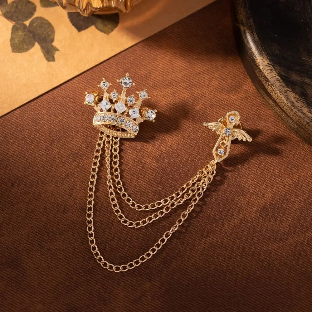 Delicate Rhinestone Crown Tassel Brooch Chain Alloy Men Brooch Badge Cross Suit Lapel Pin Clothing Accessory