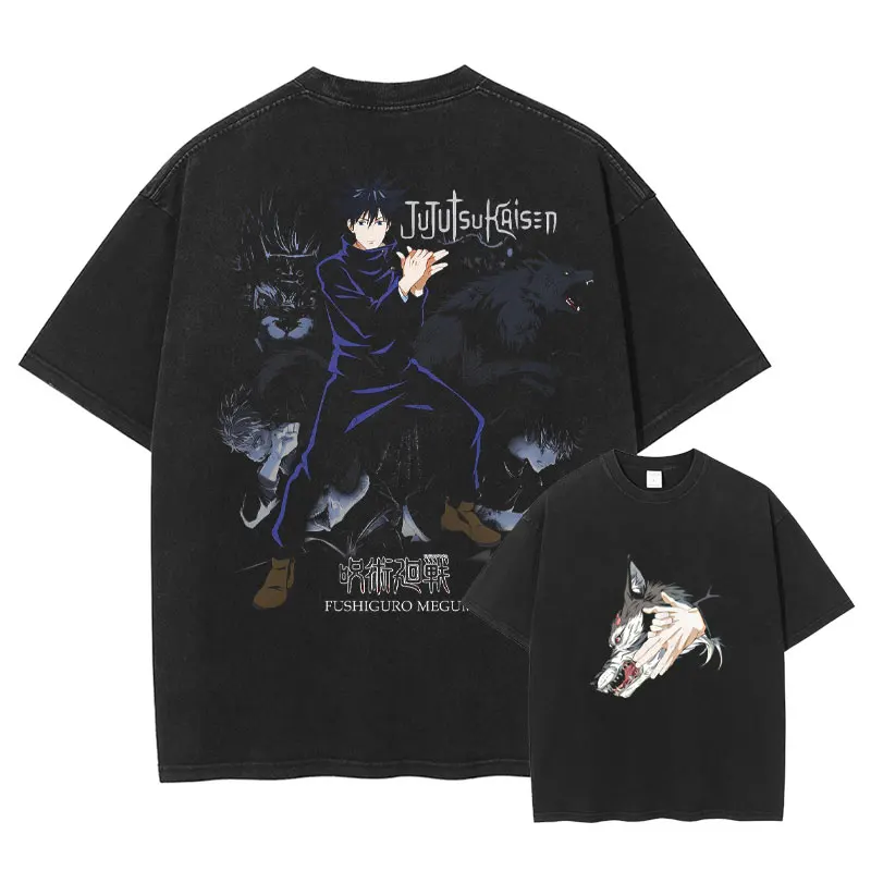 Gojou Satoru Yuuj T-shirt Vintage Washed Anime Jujutsu T Shirt Streetwear Retro Manga Ryomen Sukuna Tops Tees Men 100% Cotton