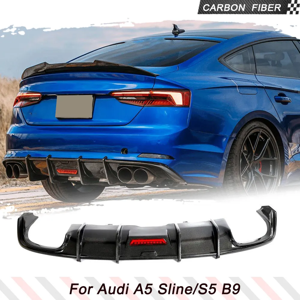 Car Rear Bumper Diffuser Lip Spoiler For Audi A5 S-line/S5 B9 Sedan Coupe 2017 - 2020 Carbon Fiber Diffuser With LED Light