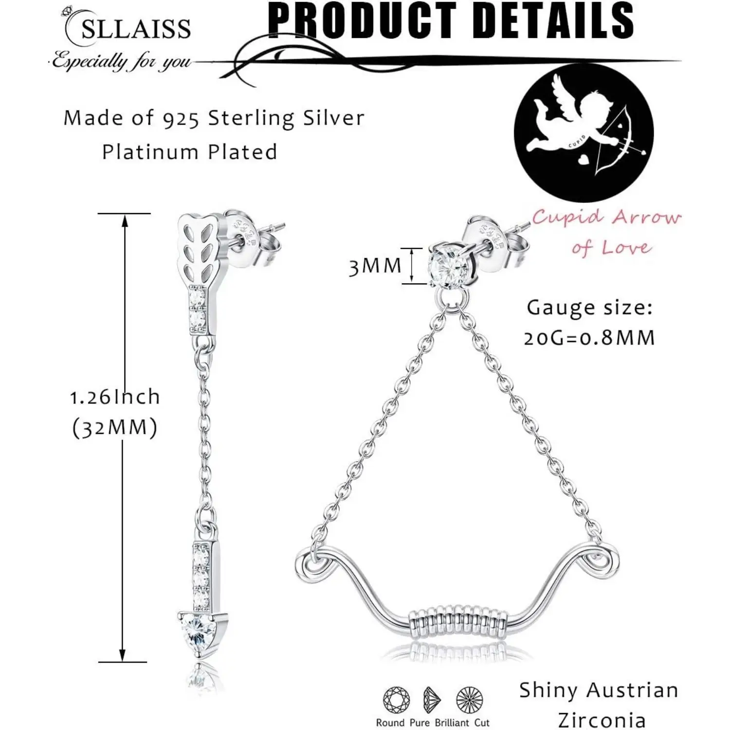 Fansilver murni rantai panah perak anting menjuntai Austria Zirconia Cupid panah anting romantis hadiah Valentine untuk anak perempuan