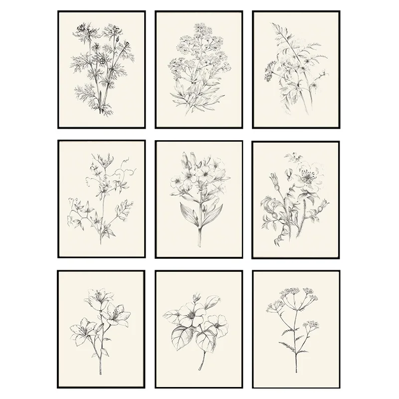 Vintage Floral Wall Art Canvas Painting Print Black and White Plant Leaf Flower Posters for Bedroom Gallery Home Aesthetic De