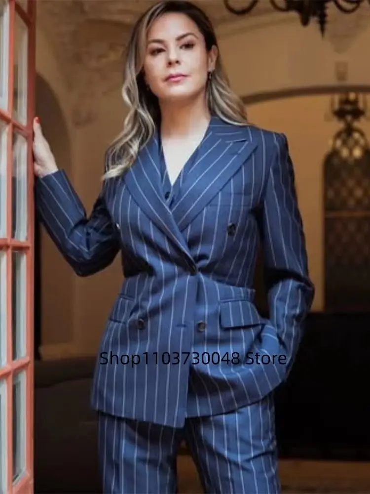 Picture 4: Navy Women's Striped 2 Piece Suit Double Breasted Blazer Vest Wide-Leg Pants Set Fashion Formal Party Office Casual Lady Outfit