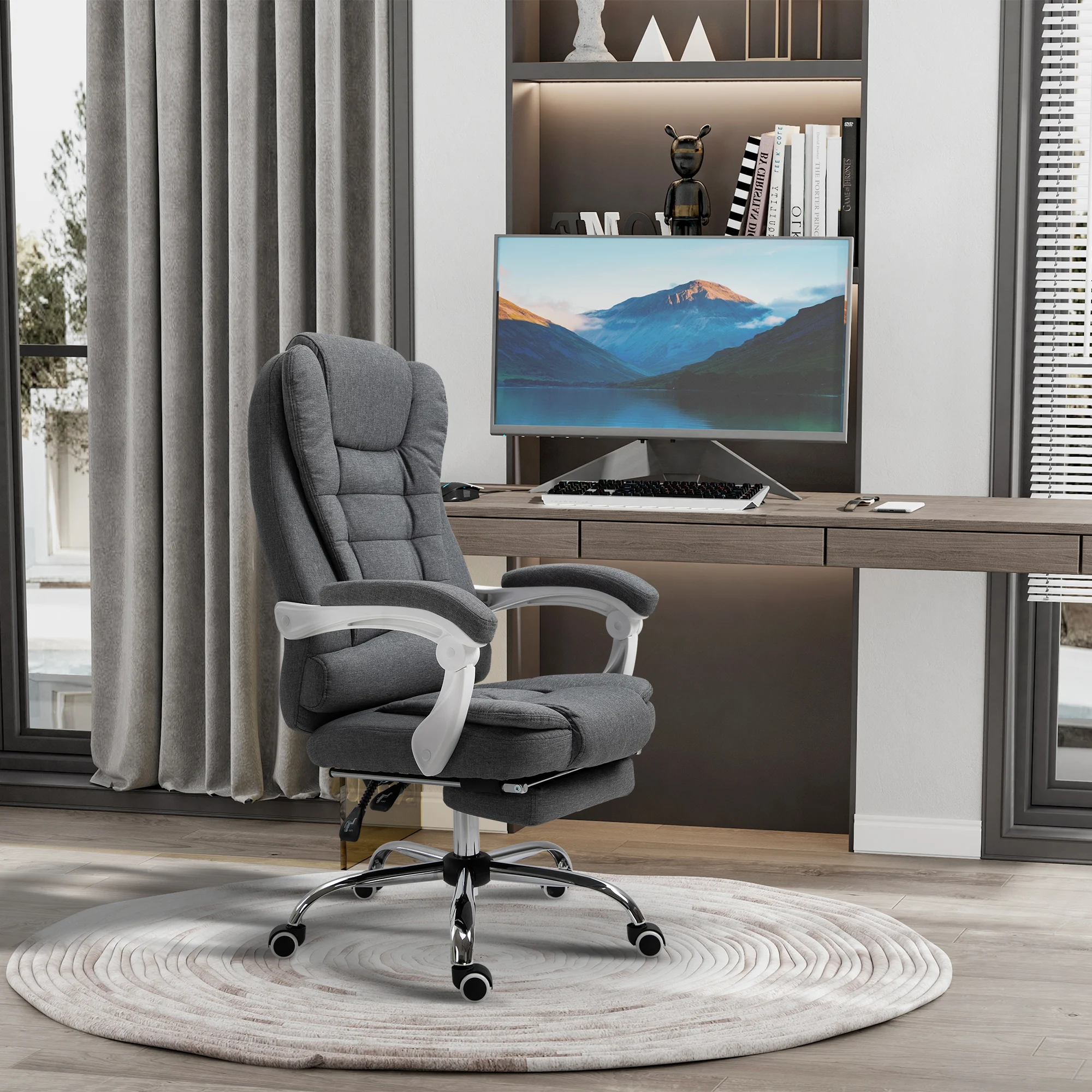 Vinsetto High-Back Executive Office Chair with Footrest, Linen-Fabric Computer Chair with Padded Armrests, Gray