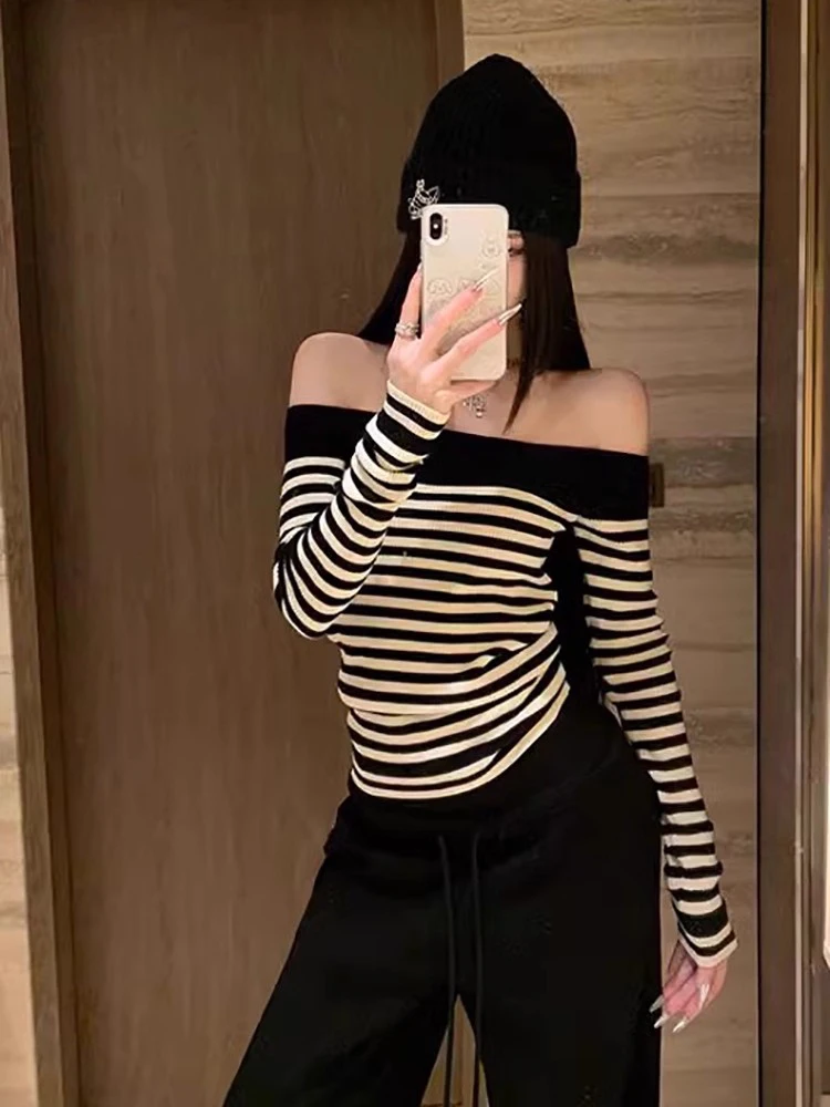 

Striped Spicy Girl oulder Bared Knitted Sweater Women's Autumn Base Layer Slant oulder High-End Feeling Knitwear