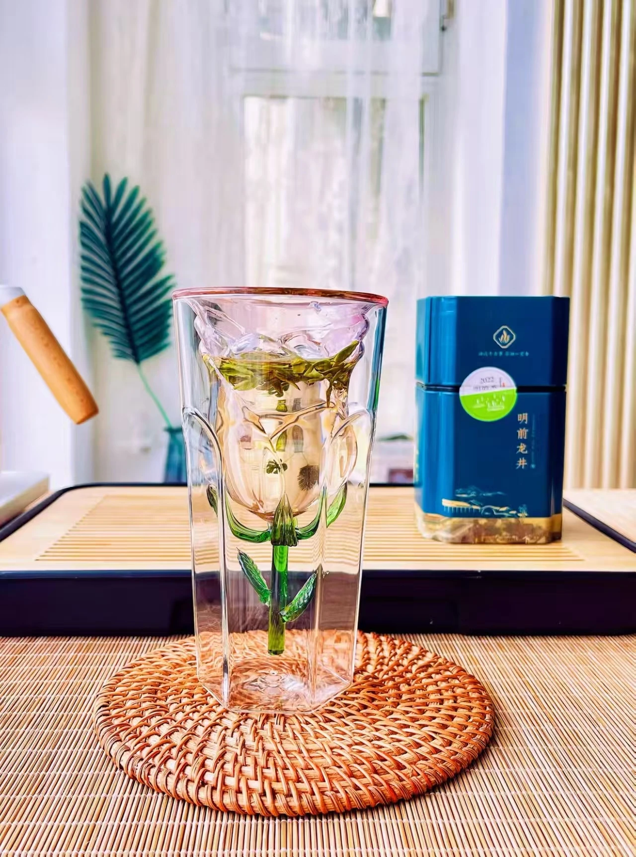 Creative Rose Glass Cup Inner Tank Water Mug Red Wine Glass Cup Girls High-value Milk Juice Cup Anti-scald Cup