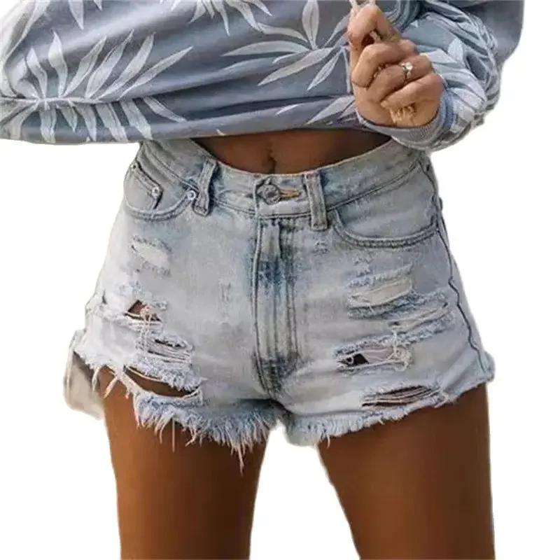 

Women Light Blue Vintage Denim Shorts 2024 Fashion Broken Holes Streetwear Summer Casual Tassel Trouser Legs Three Quarter Pants