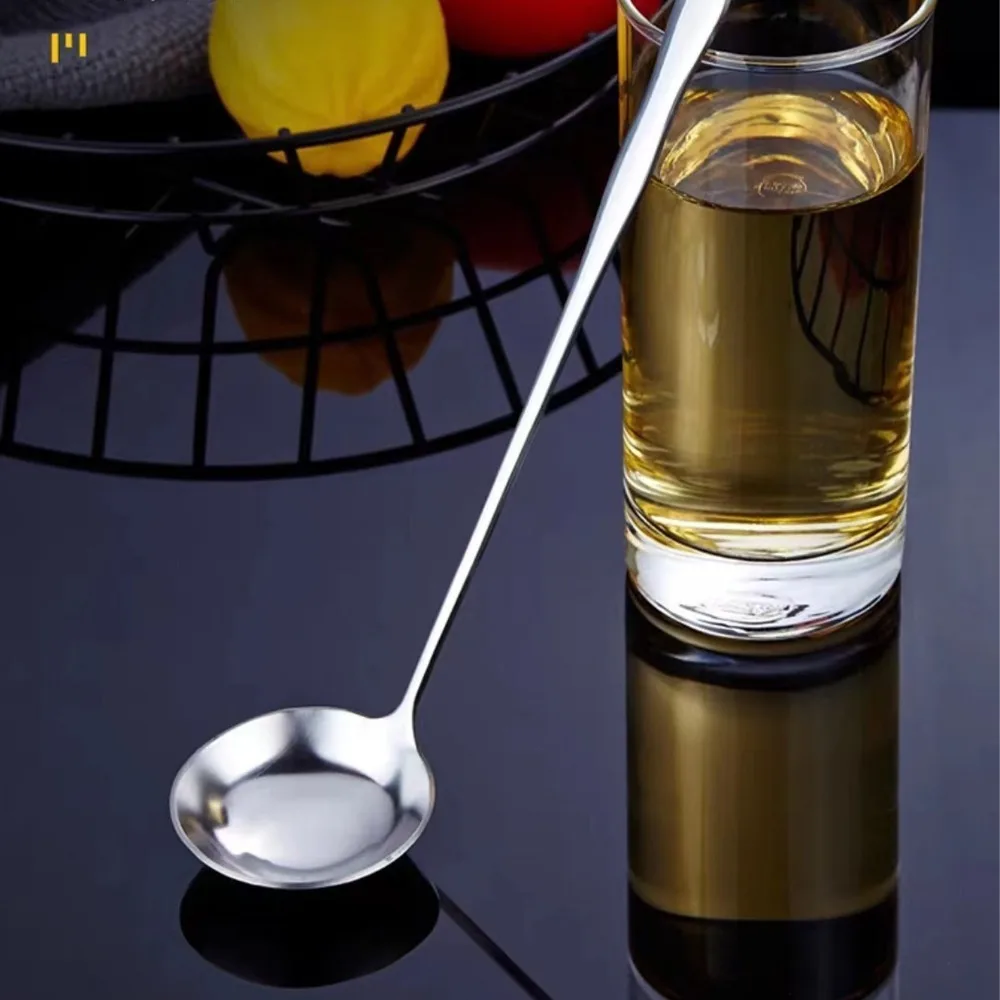 4Pcs Rustless Steel Oil Spoon Extra Long Handle Round Spoon Head Skimming Ladle Mirror Polished Safe Kitchen Utensil