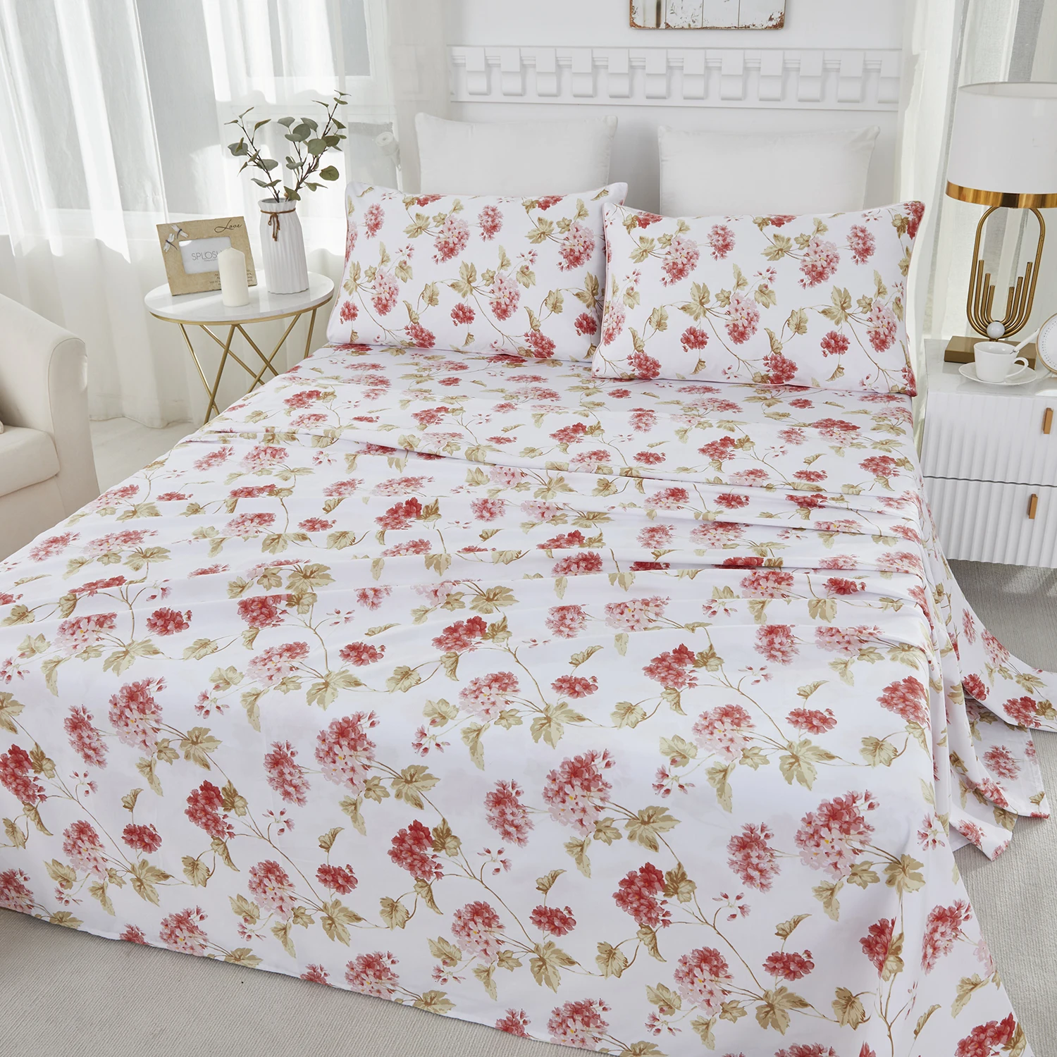 

4pcs 600 TC 100% Eygptian Cotton Fitted Sheet Set (Without Core), Luxury Pinky Spring Floral Shabby Chic, Soft & Skin-friendly