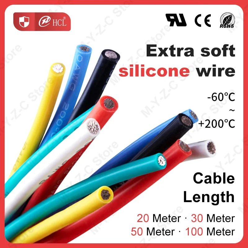 20M-100M Heat-resistant Cable Ultra Soft Silicone Wire 30 28 26 24 22 20 18 16 14 AWG High Temperature Flexible Copper Connector