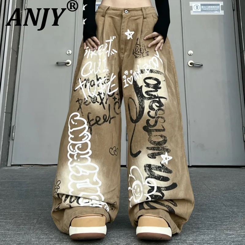 

ANJY Spring Autumn New Women American Style Vintage Washed Graffiti Jeans Fashion High Street Loose Wide-Leg Denim Pants A21471