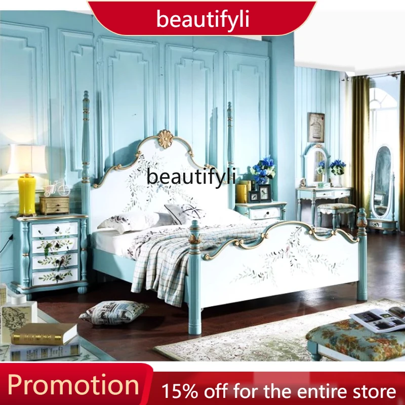 

American Country Style Painted Solid Wood Bed 1.95m Pastoral Double Princess Bed Mediterranean Furniture A51