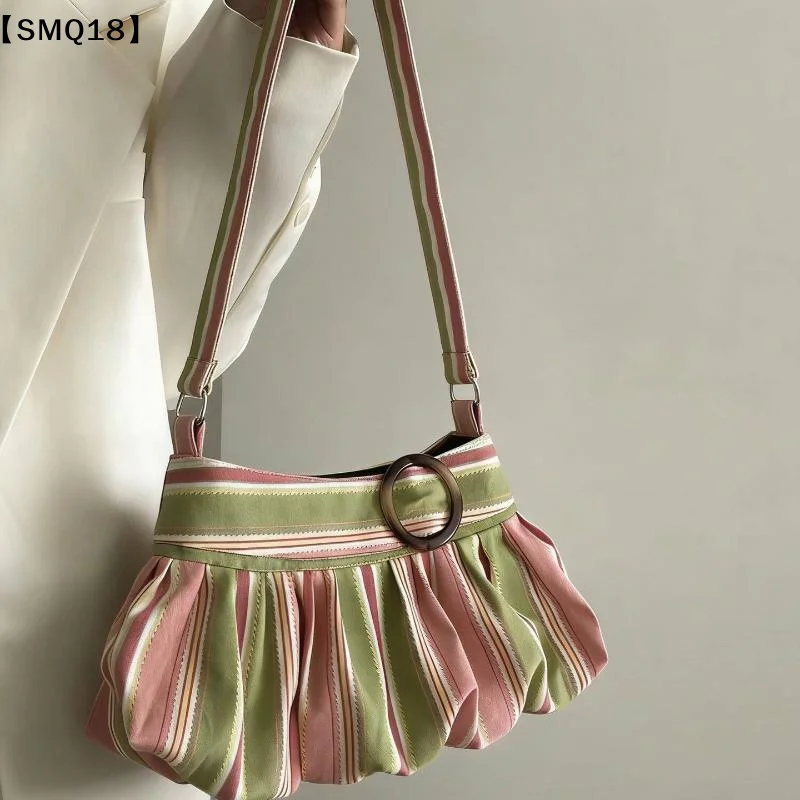 Striped Canvas Pleated Shoulder Bag Wood Ring Decor Soft Fabric For Daily Outings Shopping Dating【SMQ】