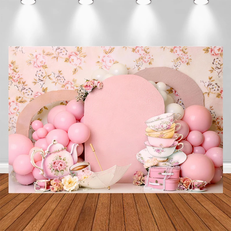 LS Tea Party Backdrop Photography Princess First Birthday Party Decorations Alice in Wonderland Birthday Photo Background Banner