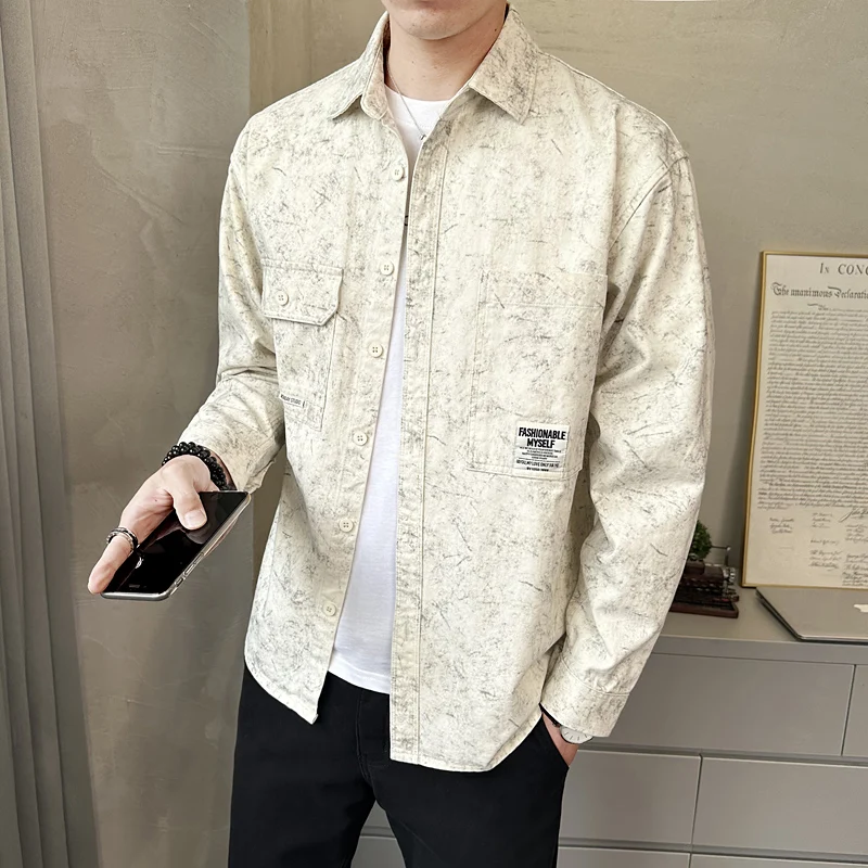 

Casual irt Sle Jaet for Teens And Men Long Sve Turn-down Collar Loose Fit Japanese Sle Workwear Dirt ey Cotton 00%