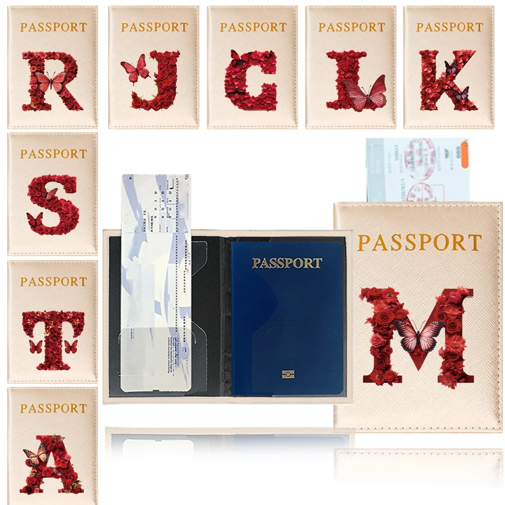 Étui de passeport de voyage en cuir PU, porte-cartes de crédit de voyage multifonctionnel, portefeuille, impression rose rouge, housse de protection de la série