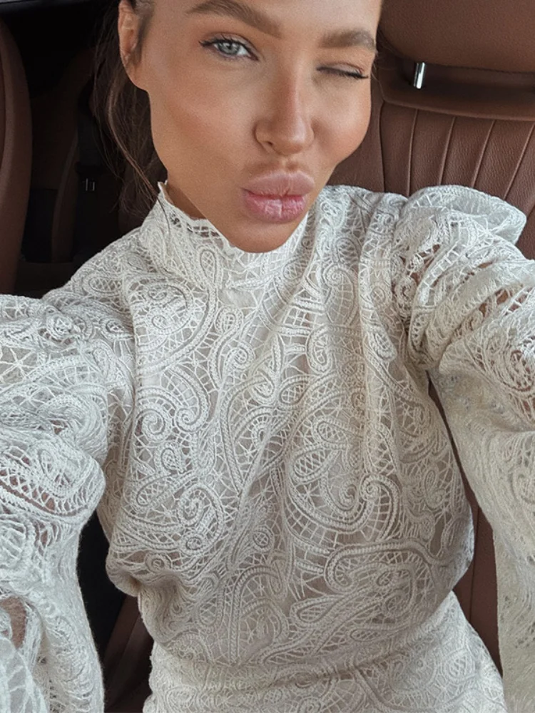 فستان نسائي أنيق مفرغ من الدانتيل فستان قصير أنيق بياقة عالية وأكمام طويلة مضيئة فساتين جديدة للسيدات للحفلات الليلية والنوادي #3