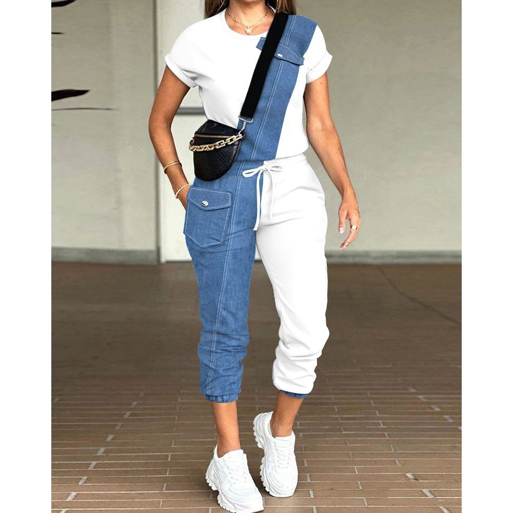 Summer Women Colorblock Denim Look Print Pocket Design Short Sleeve Top & Drawstring Cuffed Pants Sets Female 2 Pieces Suit Set