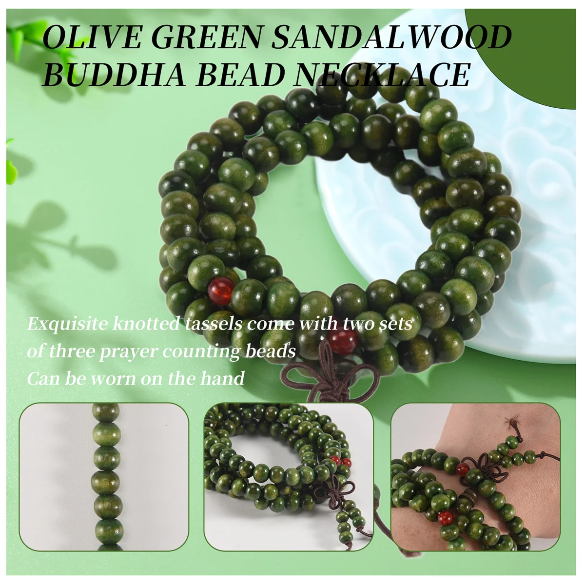 FZFZ оливково-зеленые бусины из сандалового дерева, буддийское эластичное ожерелье Будды, четки 29 дюймов