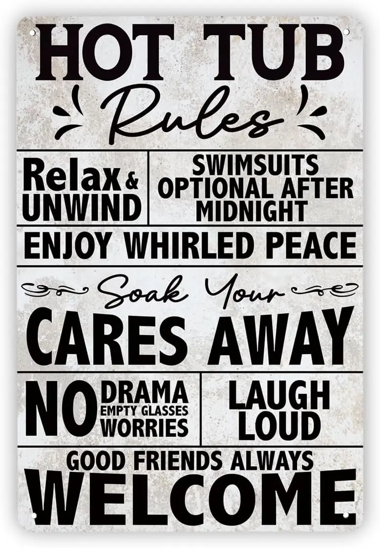 Funny Vintage Metal Tin Signs, Hot Tube Rules Rustic Sign, Rustic Home Saying, Farmhouse Pool Sign, Backyard Decoration, Outdoor