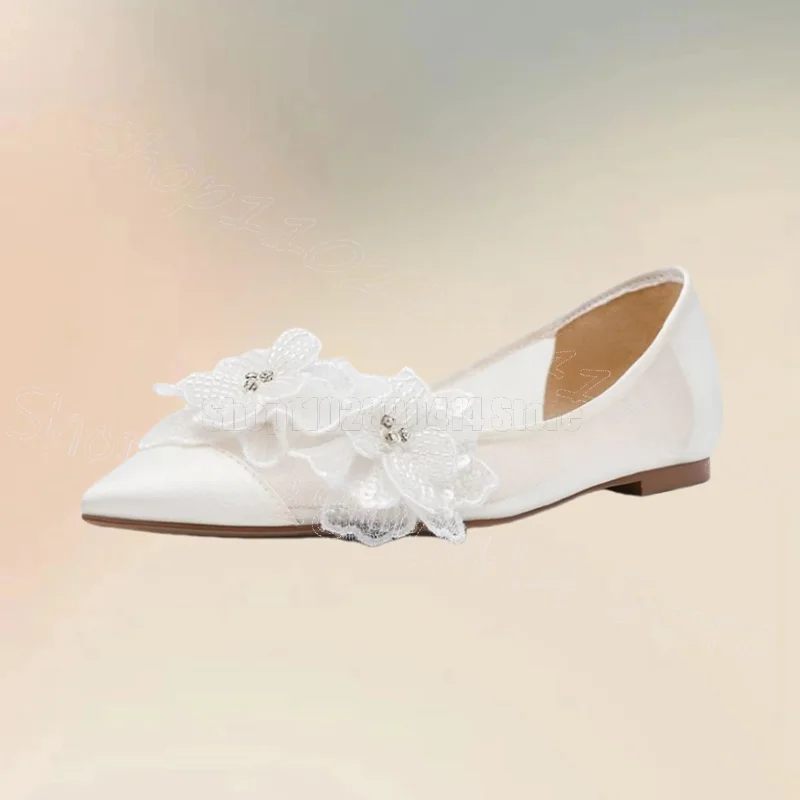 

White Mesh Appliques Low Top Pumps Slip On Women Shoes Pointed Toe Fashion Party Feast Banquet Dating 2025 Zapatos Para Mujere