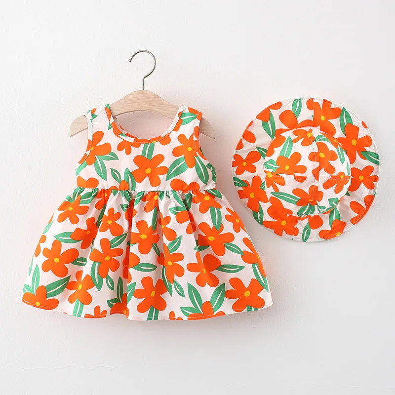 2 Stück setzt Sommer Kleinkind Mädchen Kleidung koreanische Mode Prinzessin Blumen ärmellose Baumwolle Baby Kleider + Hüte Kinder Kleid BC2123-1