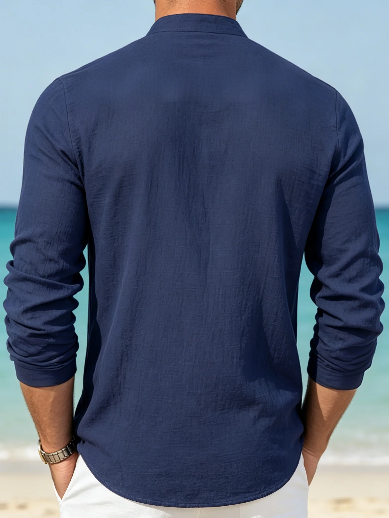 Men Linen Blend Henley Long Sleeve Shirt, 2‑Button Partial Placket Curved Hem Casual Solid Tops