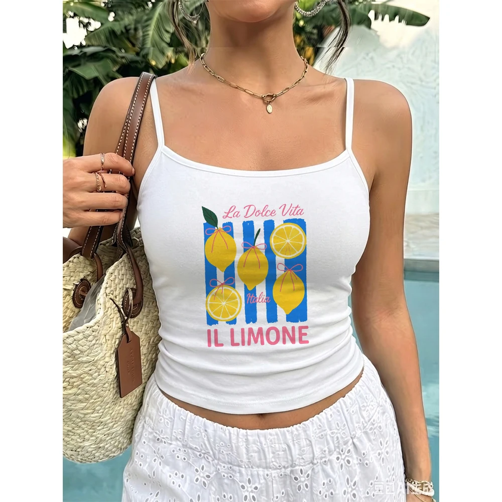 La Dolce Vita Lemon Graphic Camisole Women Summer Italian Style Yellow Fruit Tank Top Retro Sleeveless Vest for Beach Holiday