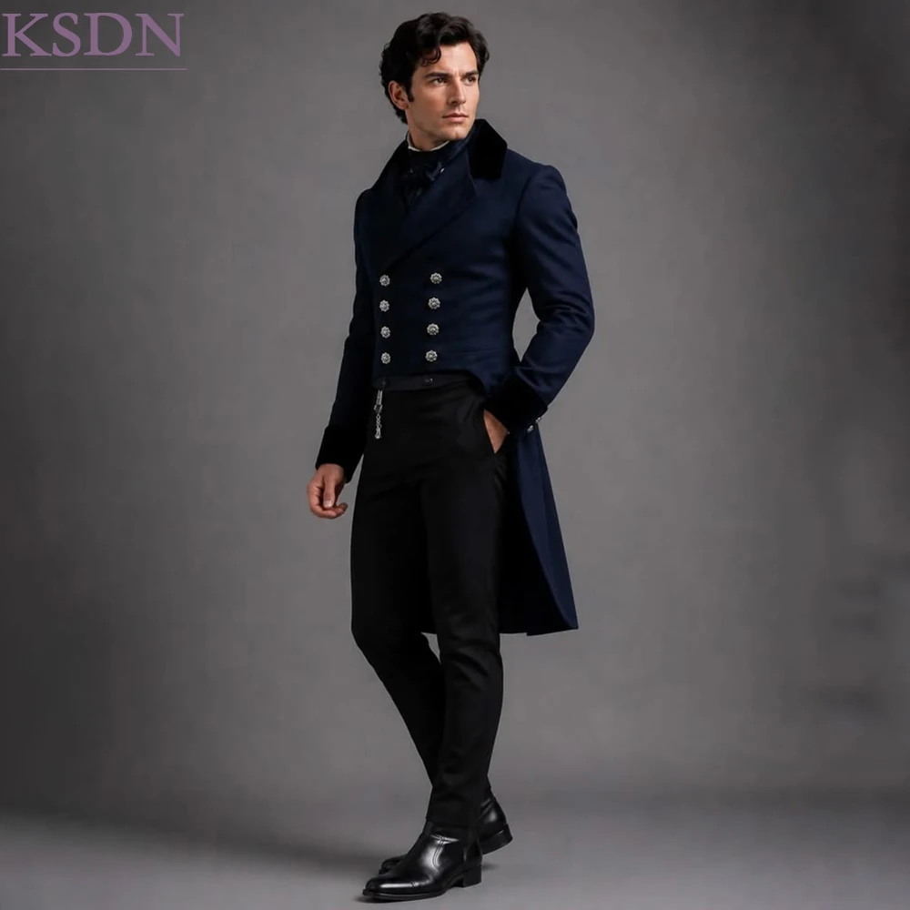Vintage Men's Tailcoat Suits Navy Blue Jacket With Black Pants Sets High Quality Doubl Breasted 2 Piece Elegant Male Clothing