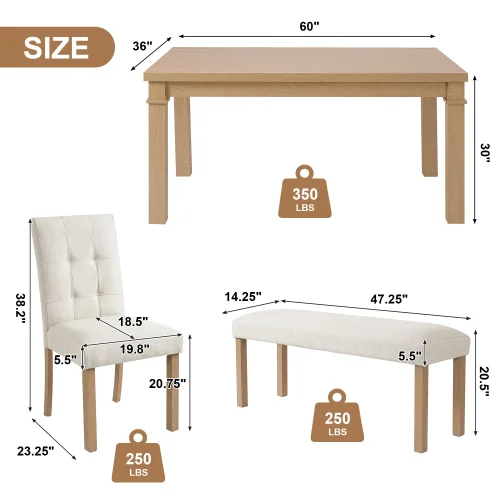 With 4 Upholstered Chairs & Bench, Ideal For Dining Room And Living Room /6-Piece Modern Dining Set, Rectangle Kitchen Table