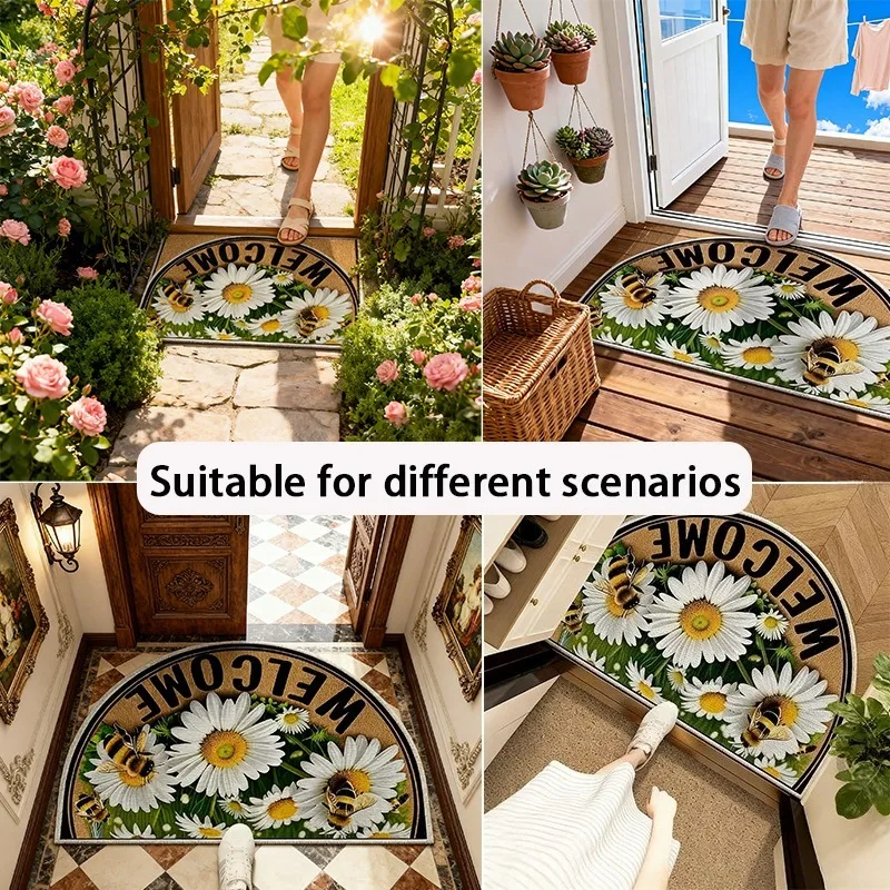 1pc Oil Painting Style Half-Circle Door Mat - Non-Slip Rubber Backing, Machine Washable Polyester Fiber Mat,Indoor/Outdoor Use